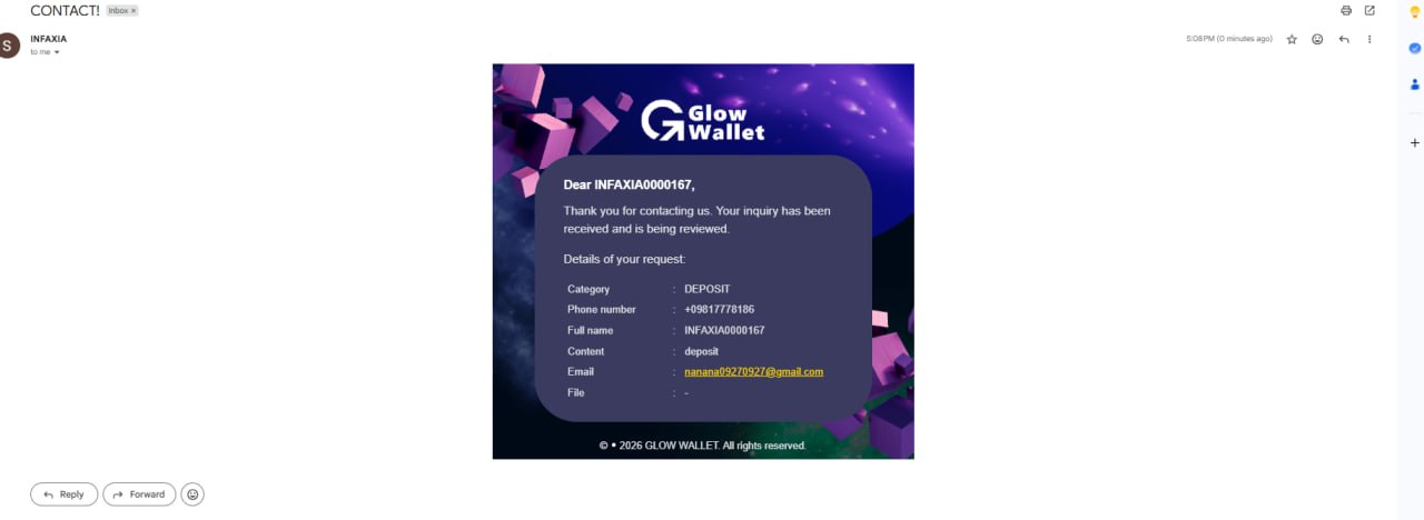 Email confirmation from Glow Wallet